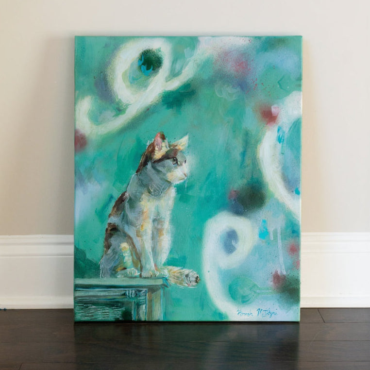 Commission of a cat sitting on a dresser in the morning light