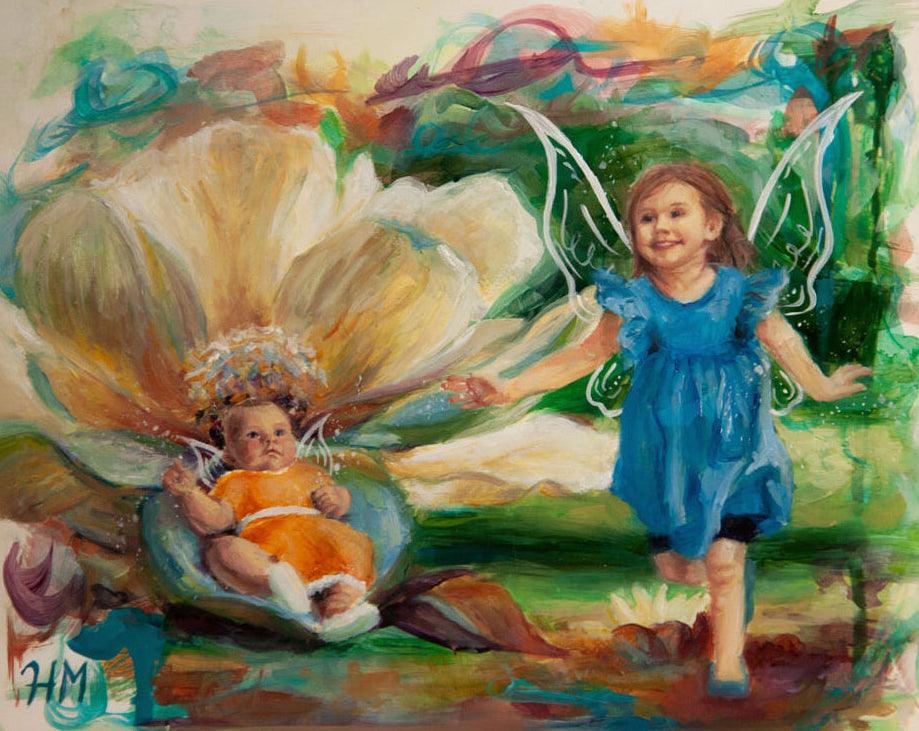 Colorful painting of a fairy in a blue dress interacting with a baby fairy in a flower-shaped chair.